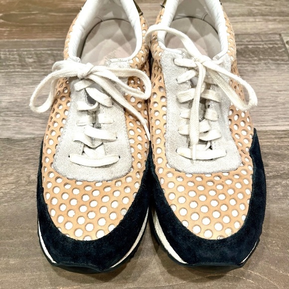 Loeflfler Randall Rio Perforated Tan Leather & Black Suede Sneaker Size 7 Women - Picture 3 of 11